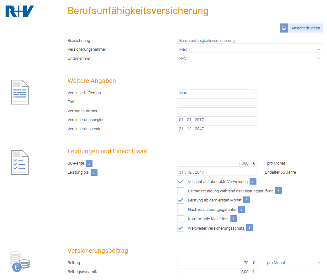 Vertragsdetails - Berufsunfähigkeit